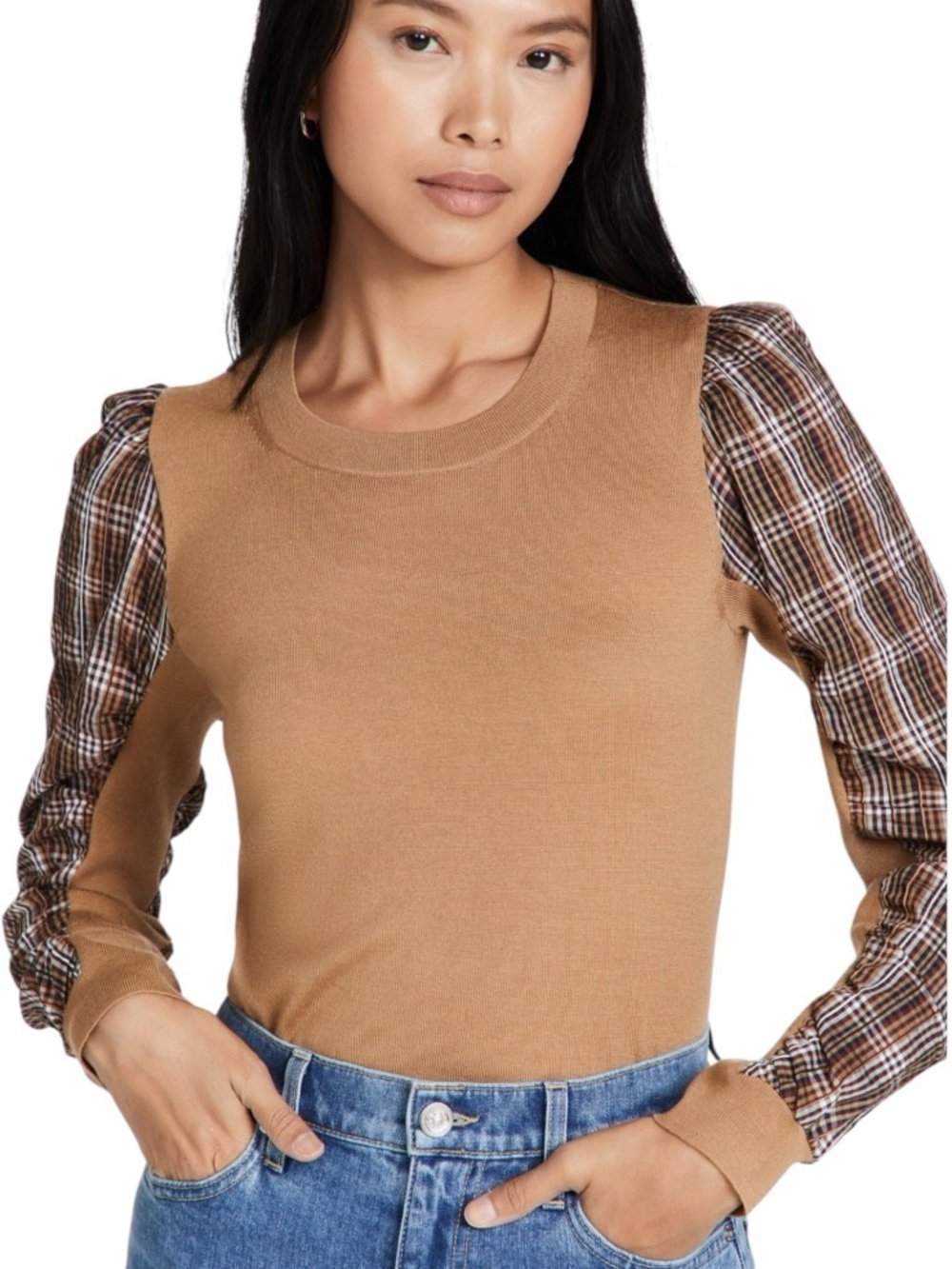 Veronica Beard Adler Mixed Media Camel Knit Plaid Print Sweater Top - M